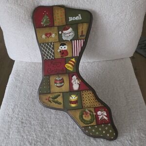 Vintage‎ 1978 Handpainted Wood Hanging Christmas Stocking Wall Decor 18" Signed